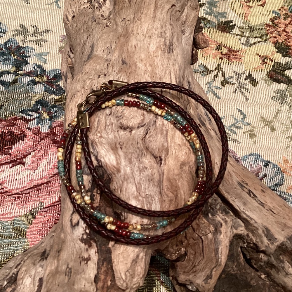 Boho Brown Braided Leather Beaded Wrap Bracelet w/ Brass Clasp